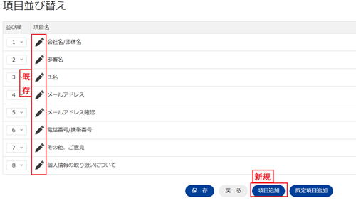 infoCMS10、鉛筆アイコン、項目追加を選択した画像